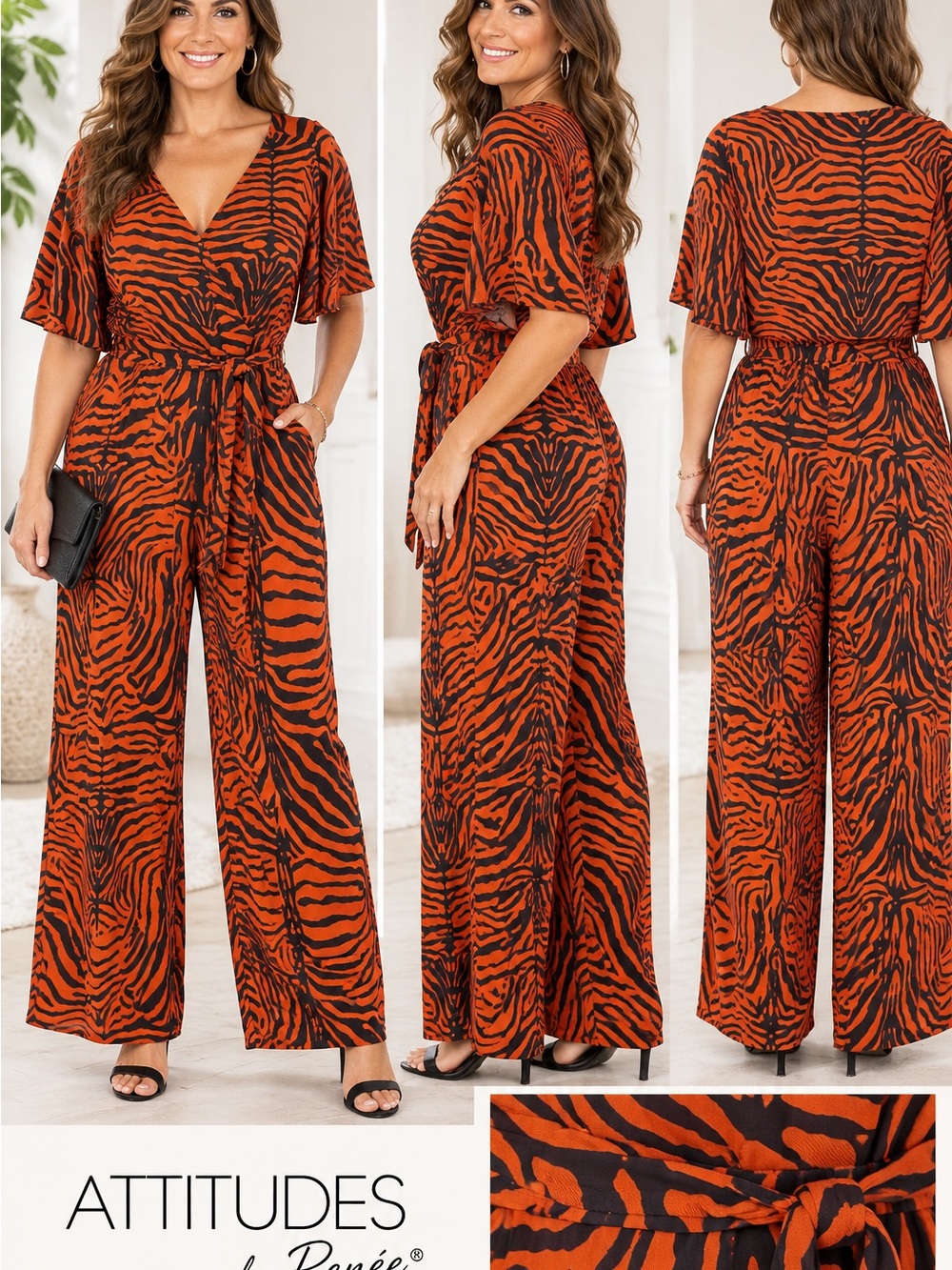 Attitudes by Renee Orange and Black Zebra-Print Wide-Leg Jumpsuit size 2X